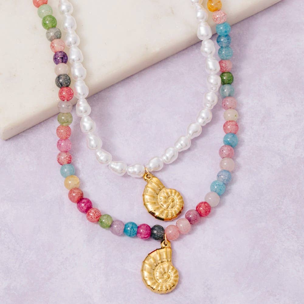 Spiral Shell Pendant Beaded Necklace: MU