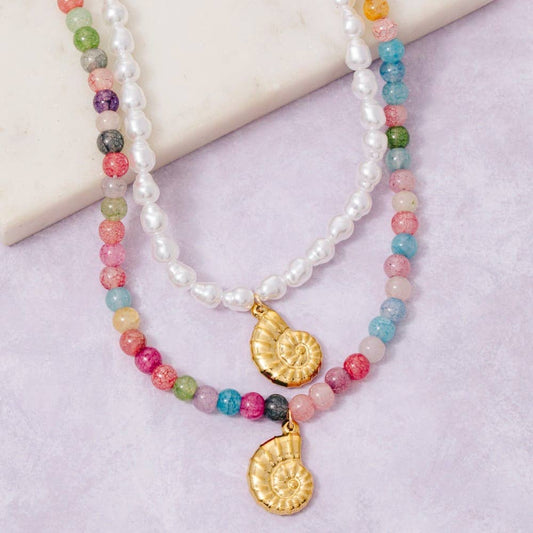 Spiral Shell Pendant Beaded Necklace: MU