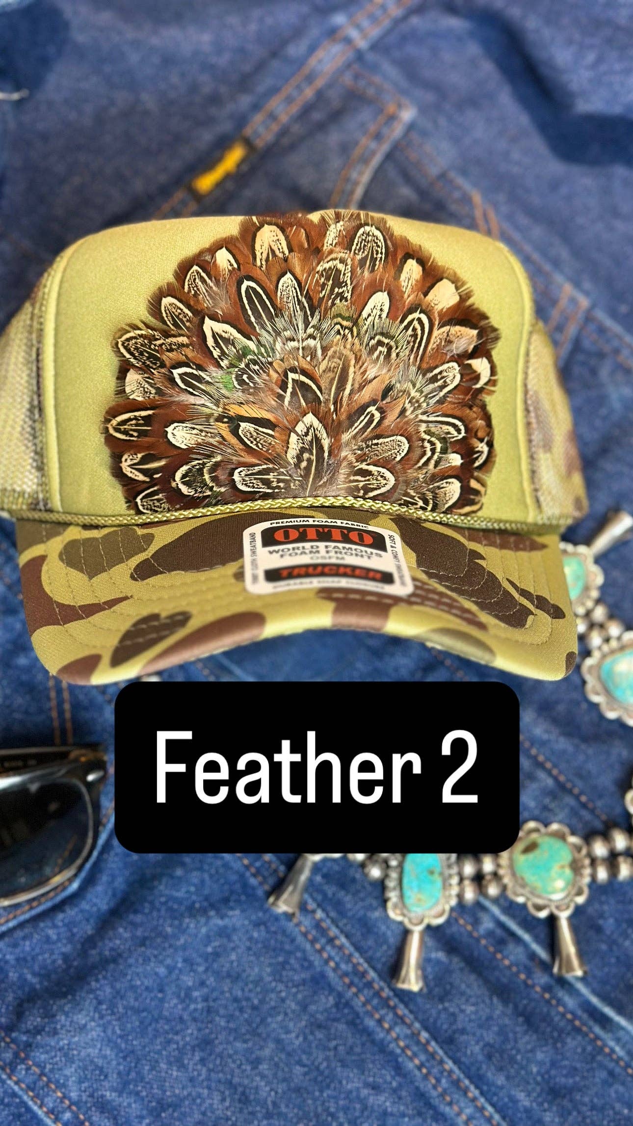 GREEN CAMO CAMOUFLAGE FEATHER TRUCKER HAT: With Faux Turquoise / Feather 8