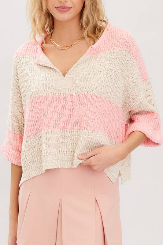 Striped Design Patch Sweater: Bubblegum Oatmeal / S