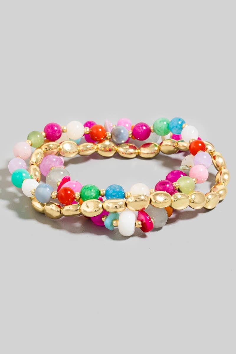 Stone And Metallic Beaded Bracelet Set: WT