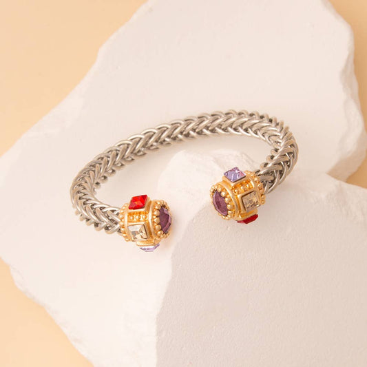 Twisted Metal Cuff Bracelet with Gold Tone Crystal Cap Ends: Multi Gold
