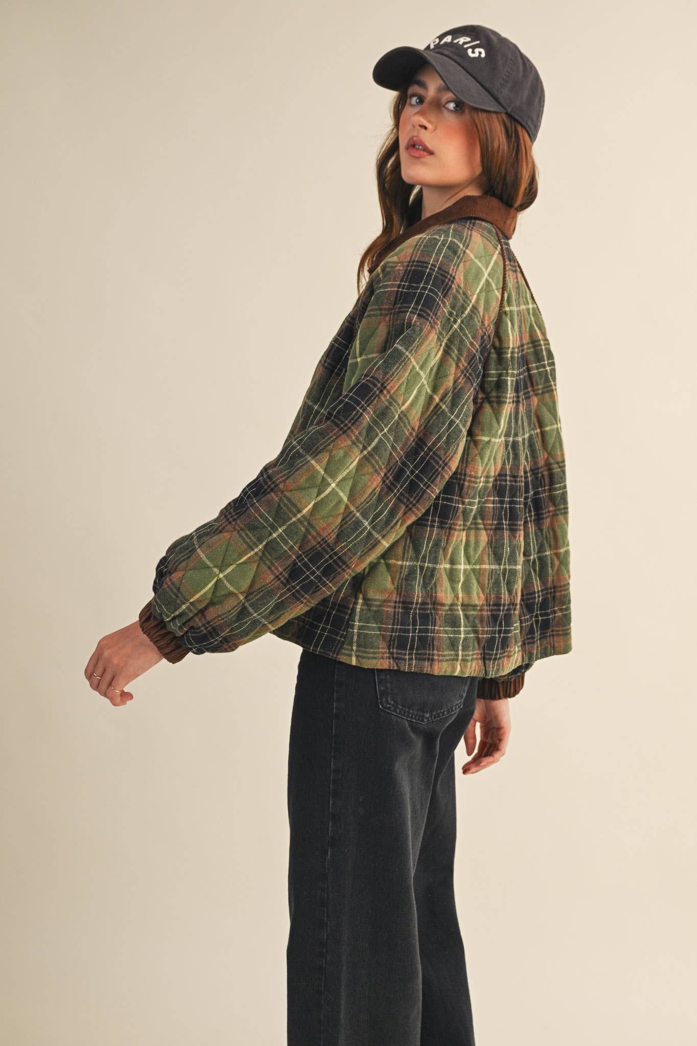 PLAID QUILTED JACKET WITH CONTRAST CORDUROY DETAIL MJK4115: Olive Multi Plaid / M