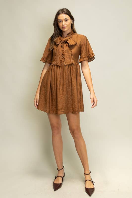 JOD1247 Crinkle Texture Mini Dress with Ruffle Neck Tie: COCOA / S-M-L (2-2-2)