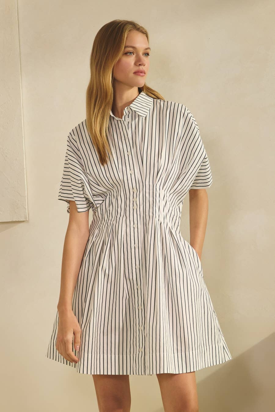 Striped Short-sleeve Shirt Dress: Apple Green / S