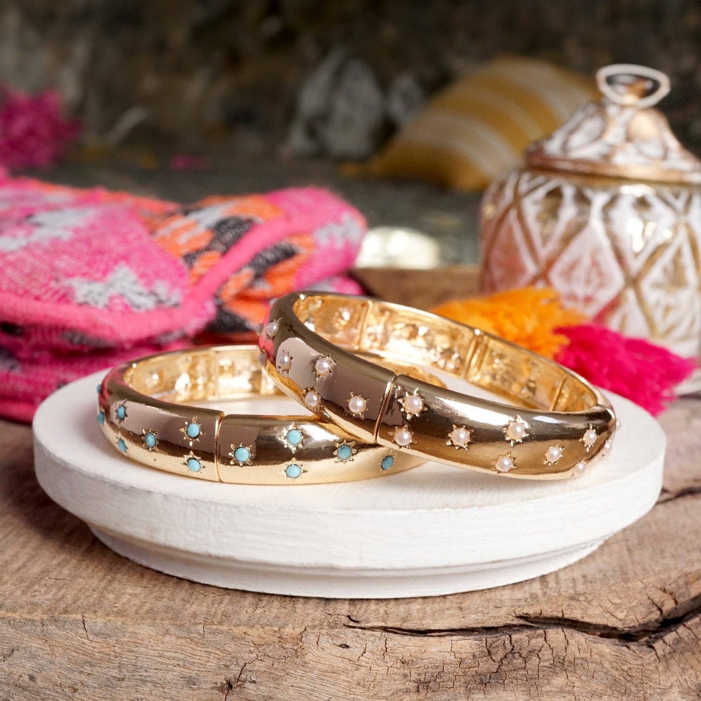 Gold-Tone Eternity Stretch Bangle – Pearls, Turquoise, or Crystals: Wide - Turquoise