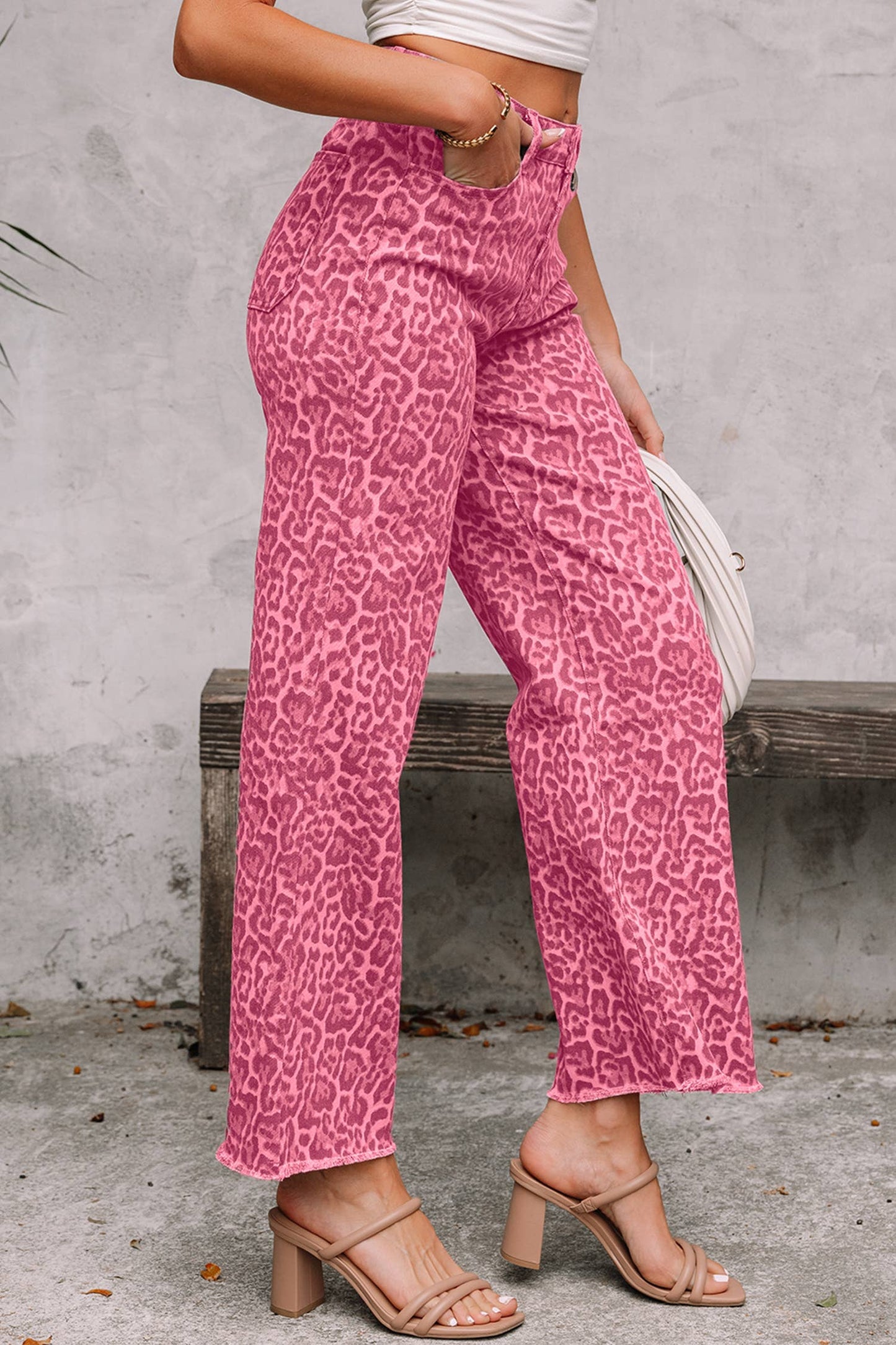 LDC Leopard Frayed Edge Wide Leg High Waist Jeans: Brown / 8