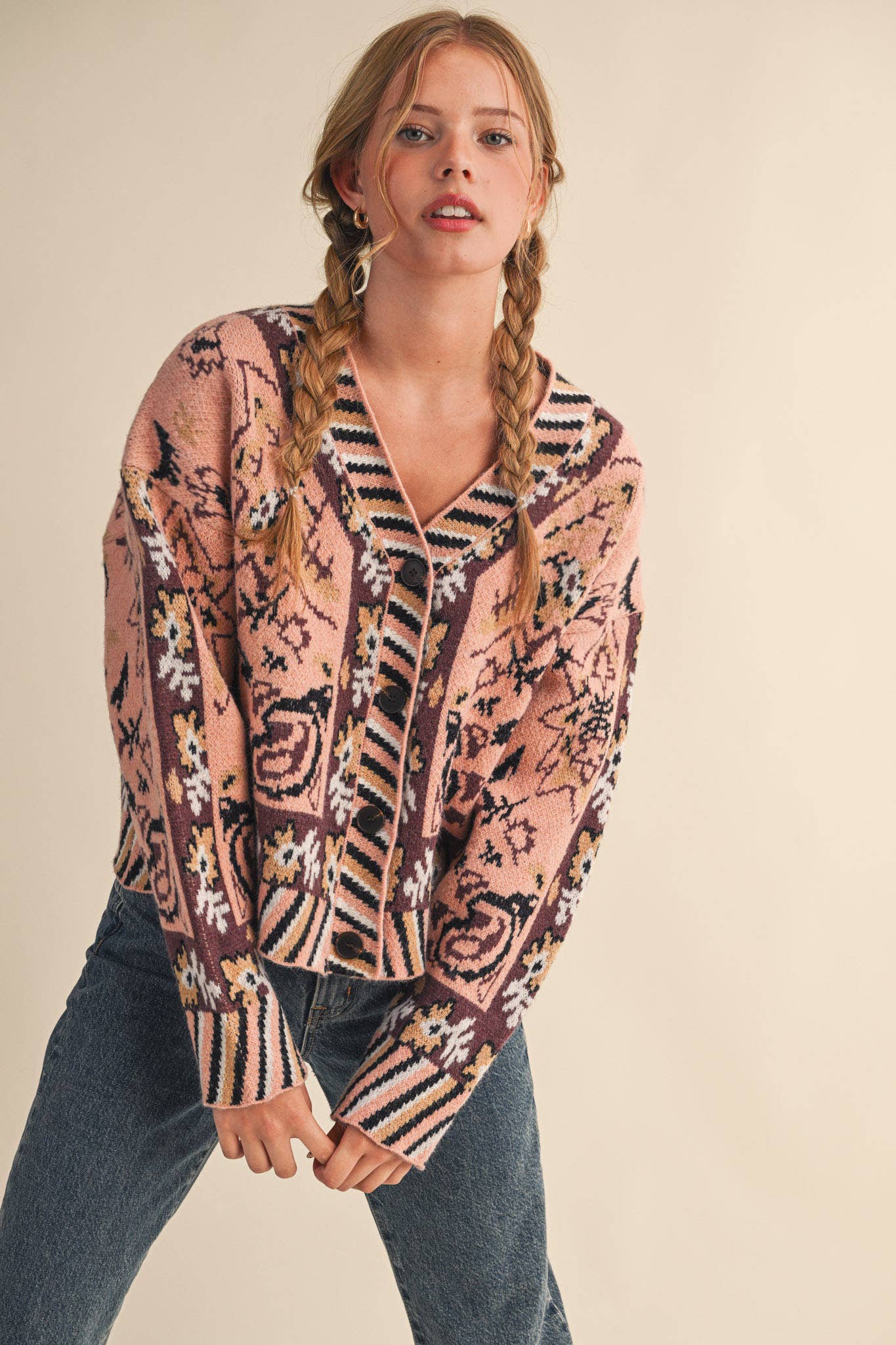 PAISLEY KNIT SWEATER CARDIGAN MSW11102: Ivory Coral Multi / S