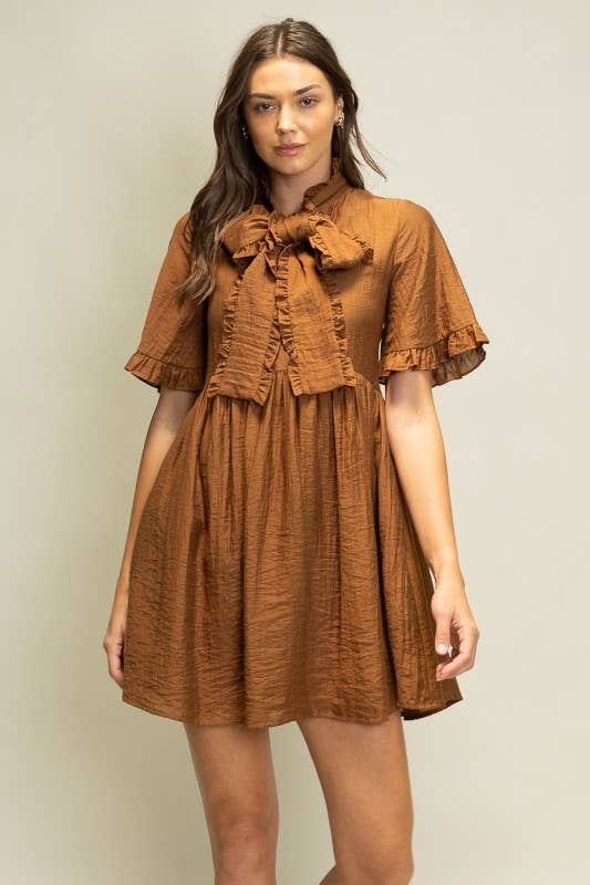 JOD1247 Crinkle Texture Mini Dress with Ruffle Neck Tie: COCOA / S-M-L (2-2-2)