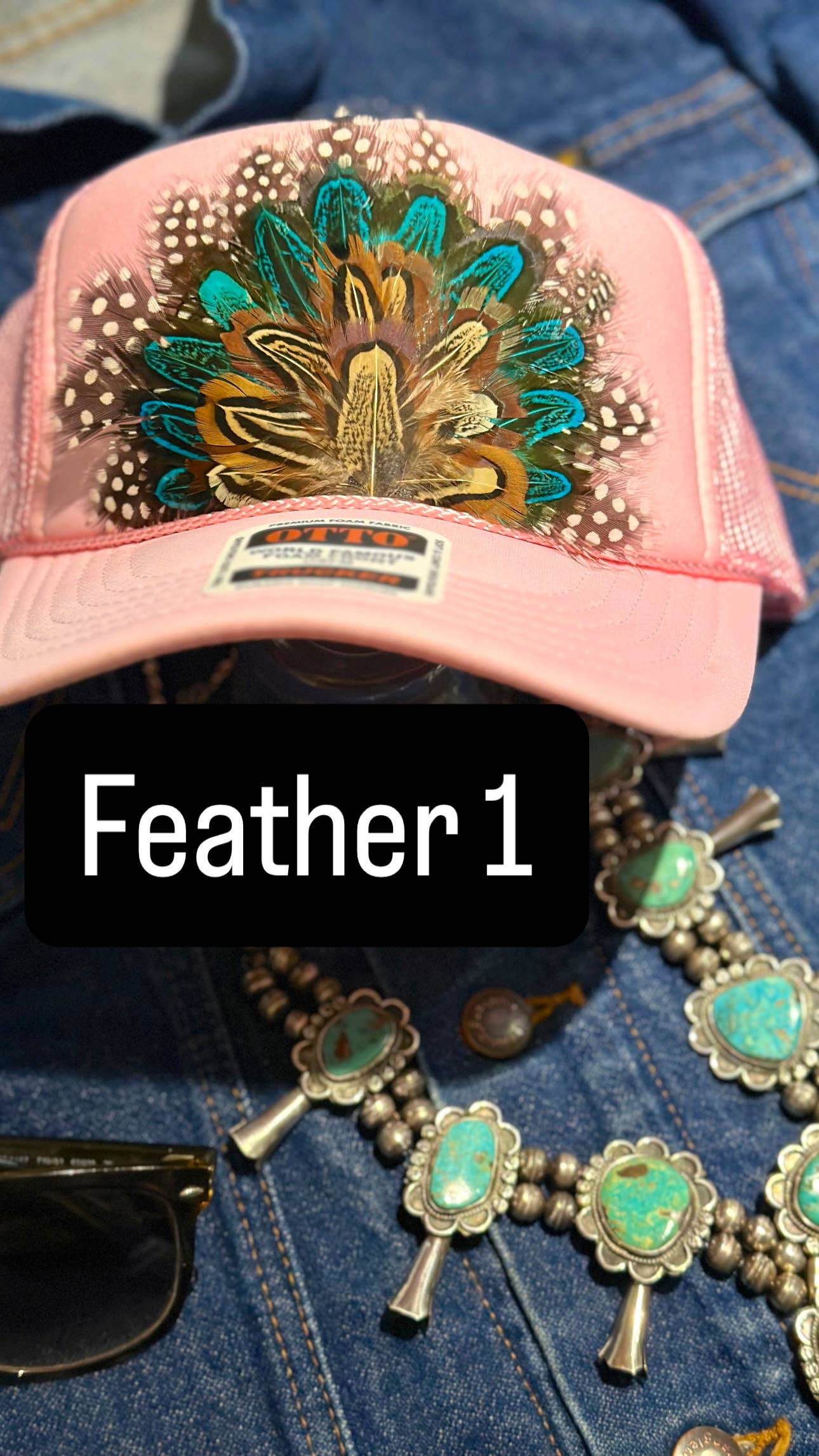 LIGHT PINK FEATHER TRUCKER HAT: No Faux Turquoise / Feather 9