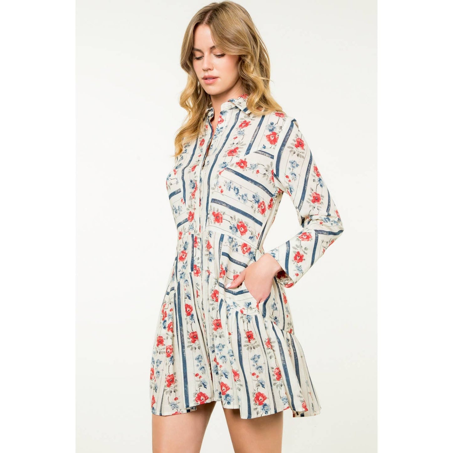 Long Sleeve Floral Dress: CREAM / XS-S-M-L(1-2-2-1)