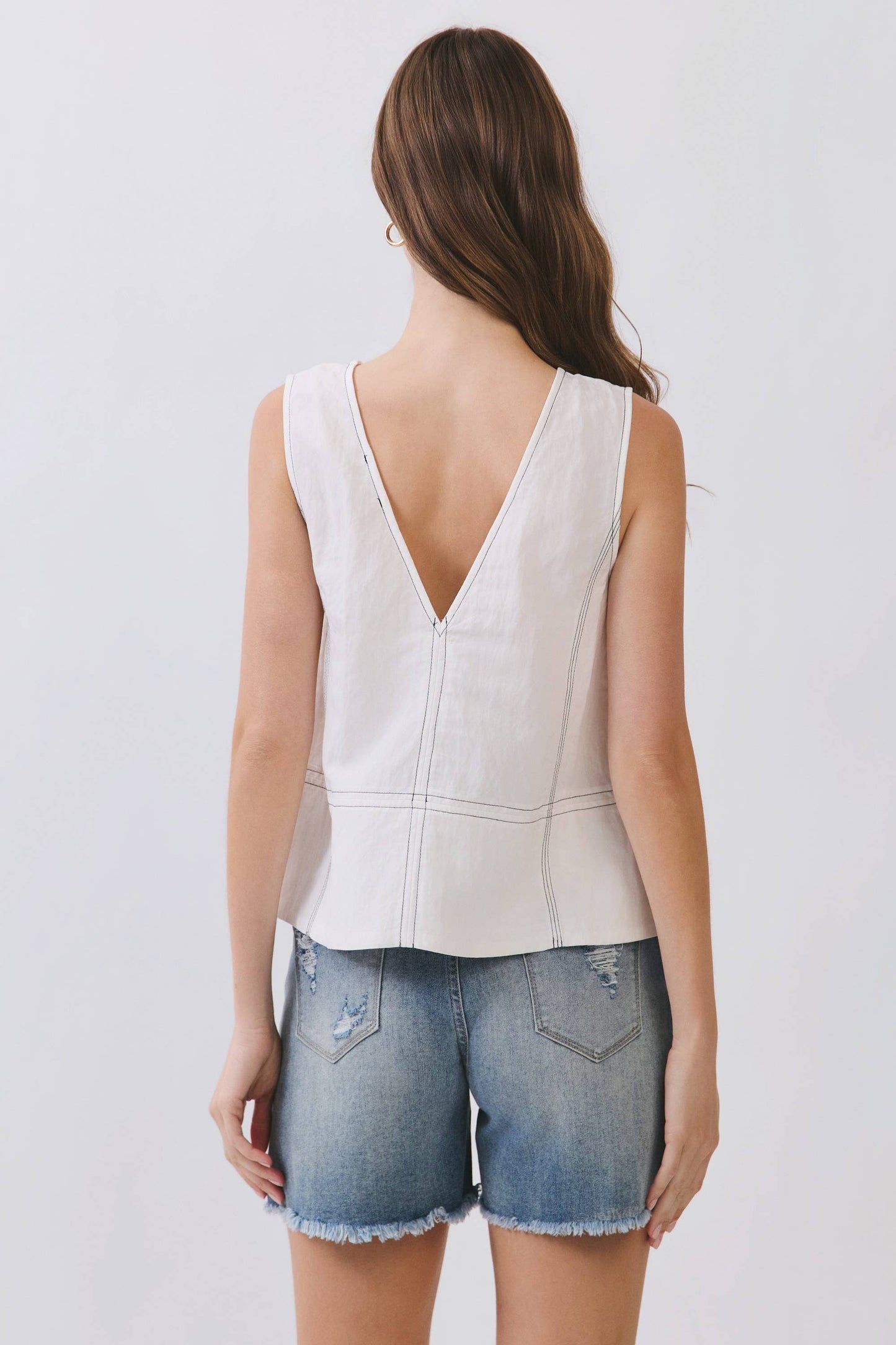 CT10002-Contrast Stitch Sleeveless V-Neck Top: White / M