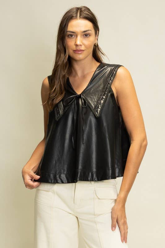 SOT1241 Faux Leather Sailor Collar Top: Black / S-M-L (2-2-2)