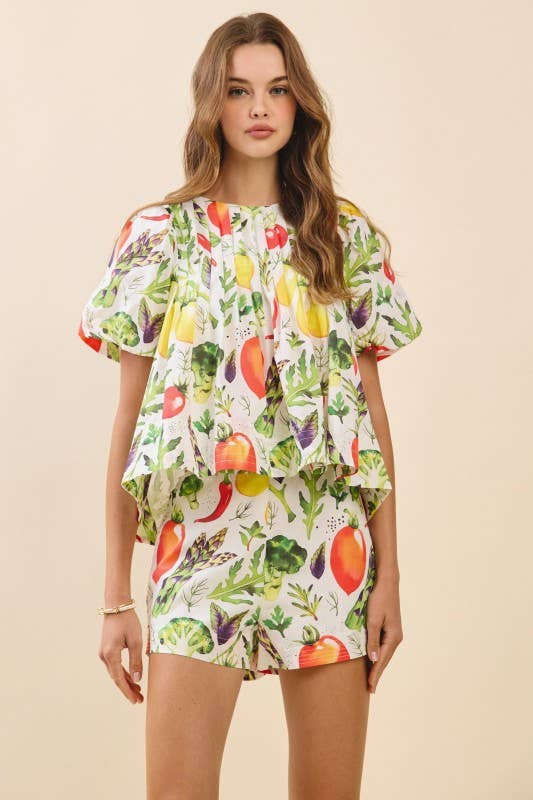 CP10261-Veggie Print High Rise Poplin A Line Shorts: MULTI / L