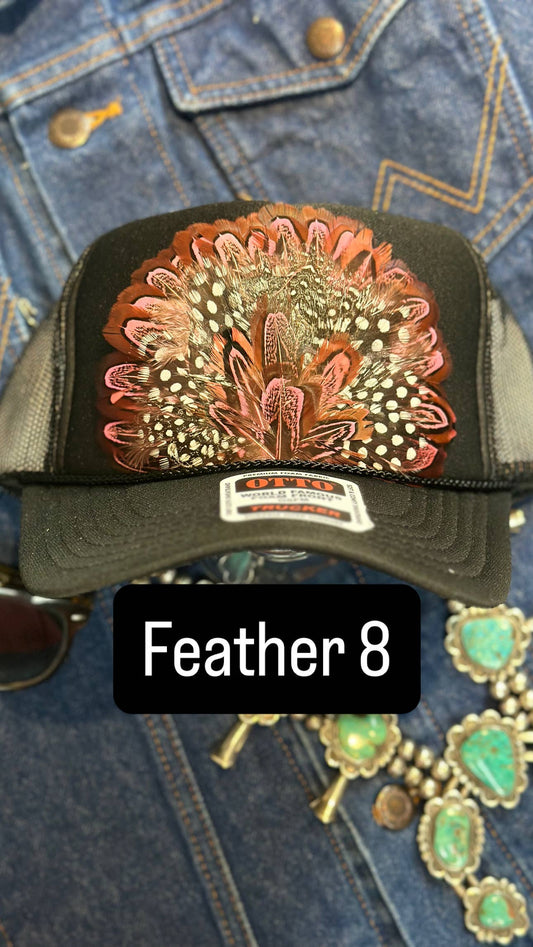 BLACK FEATHER TRUCKER HAT: With Faux Turquoise / Feather 8