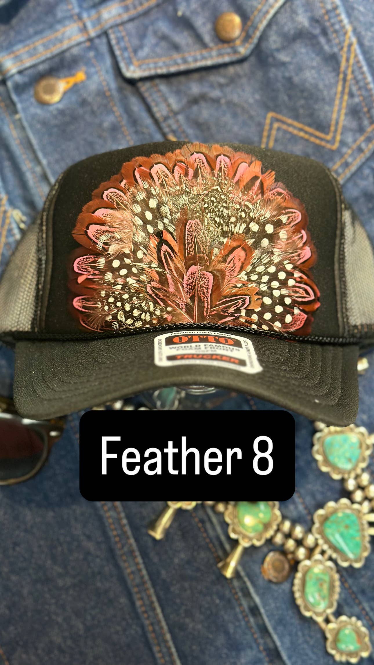 BLACK FEATHER TRUCKER HAT: With Faux Turquoise / Feather 1
