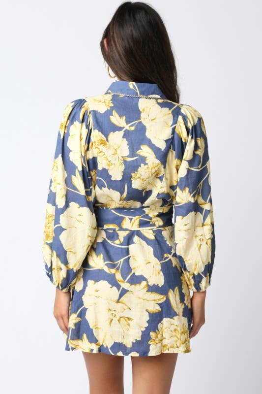 Eve Floral Belted Dress: Denim Gold / S