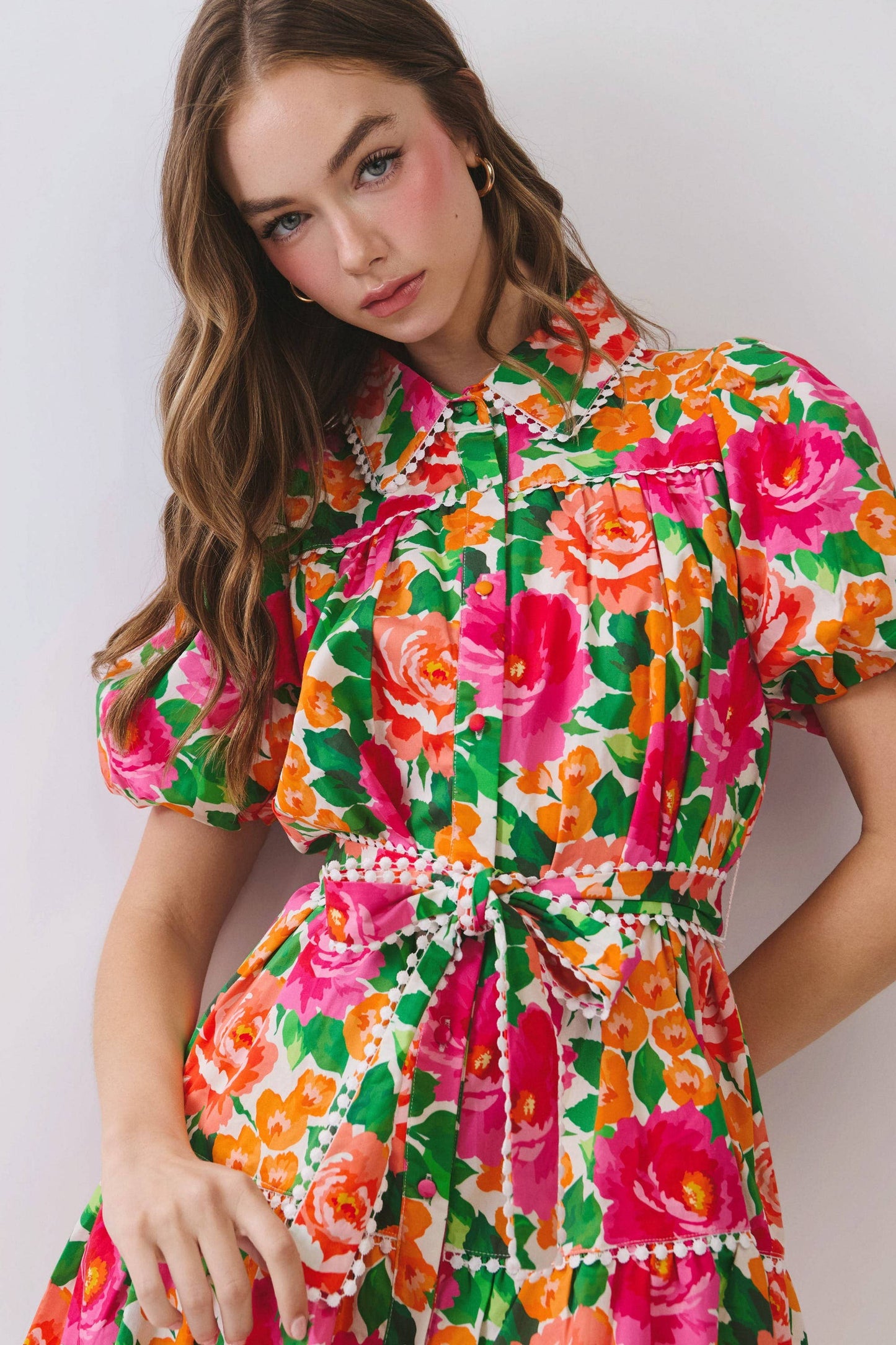 CD07183-Floral Puff Sleeve Button Down Mini Dress: MULTI / M