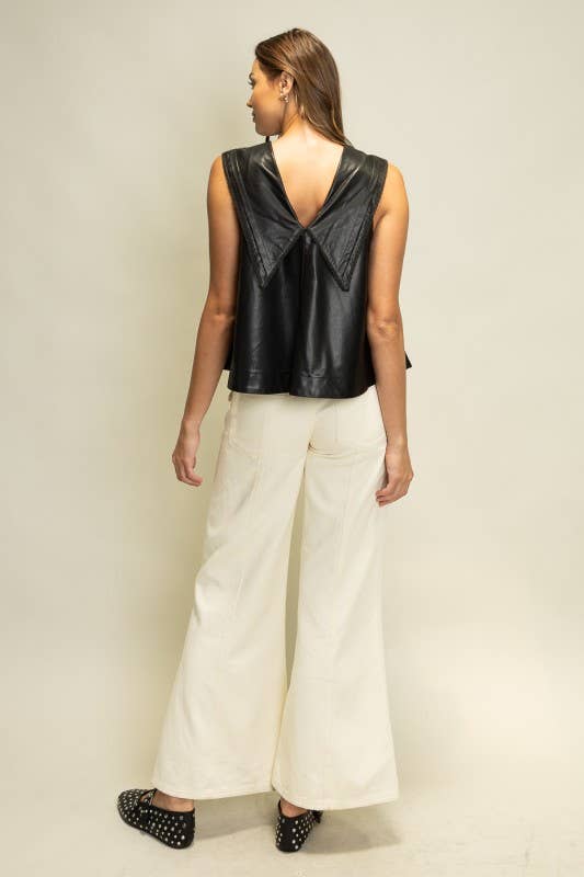 SOT1241 Faux Leather Sailor Collar Top: Black / S-M-L (2-2-2)