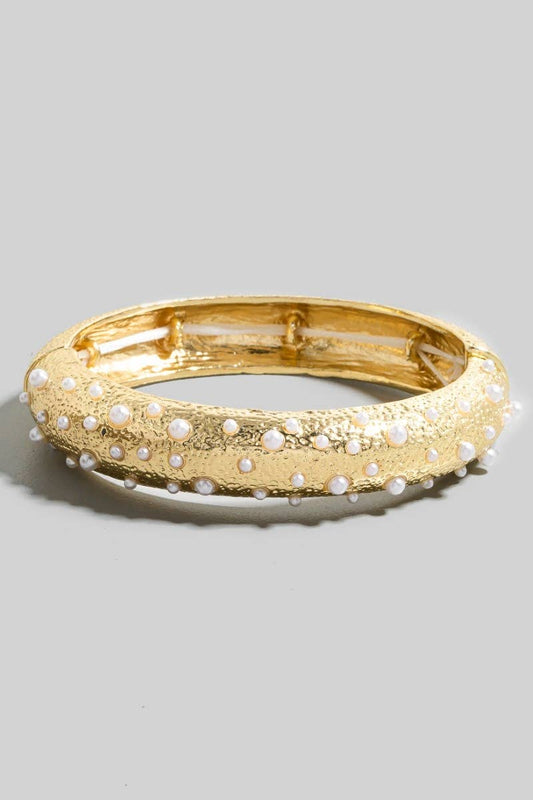 Pearl Studded Textured Elastic Bangle Bracelet: GPL