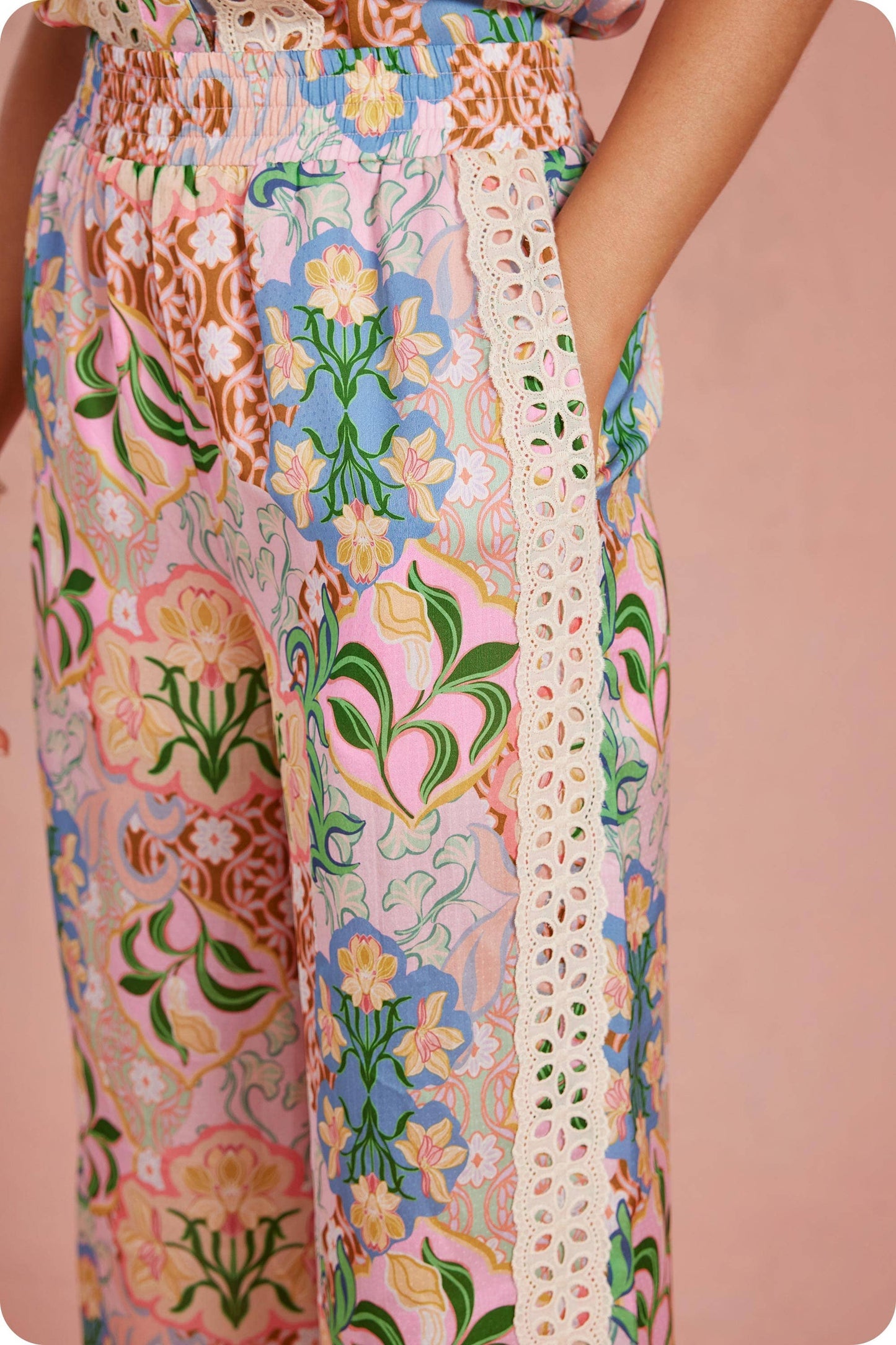 Garden Party Crochet Contrast Satin Pants: Multi / M