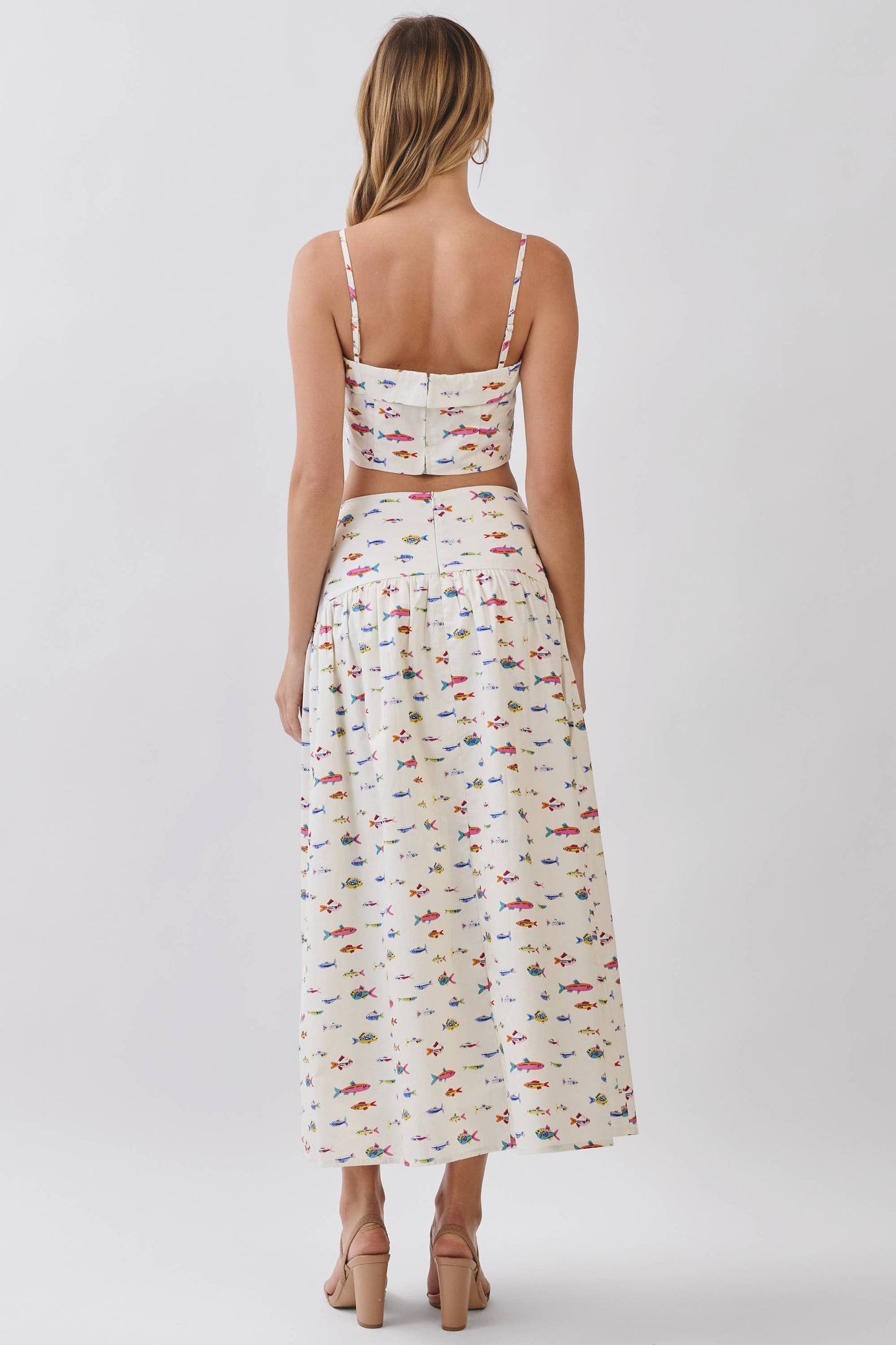 CS4065-Colorful Fish Print Drop Waist Maxi Skirt: Cream / L