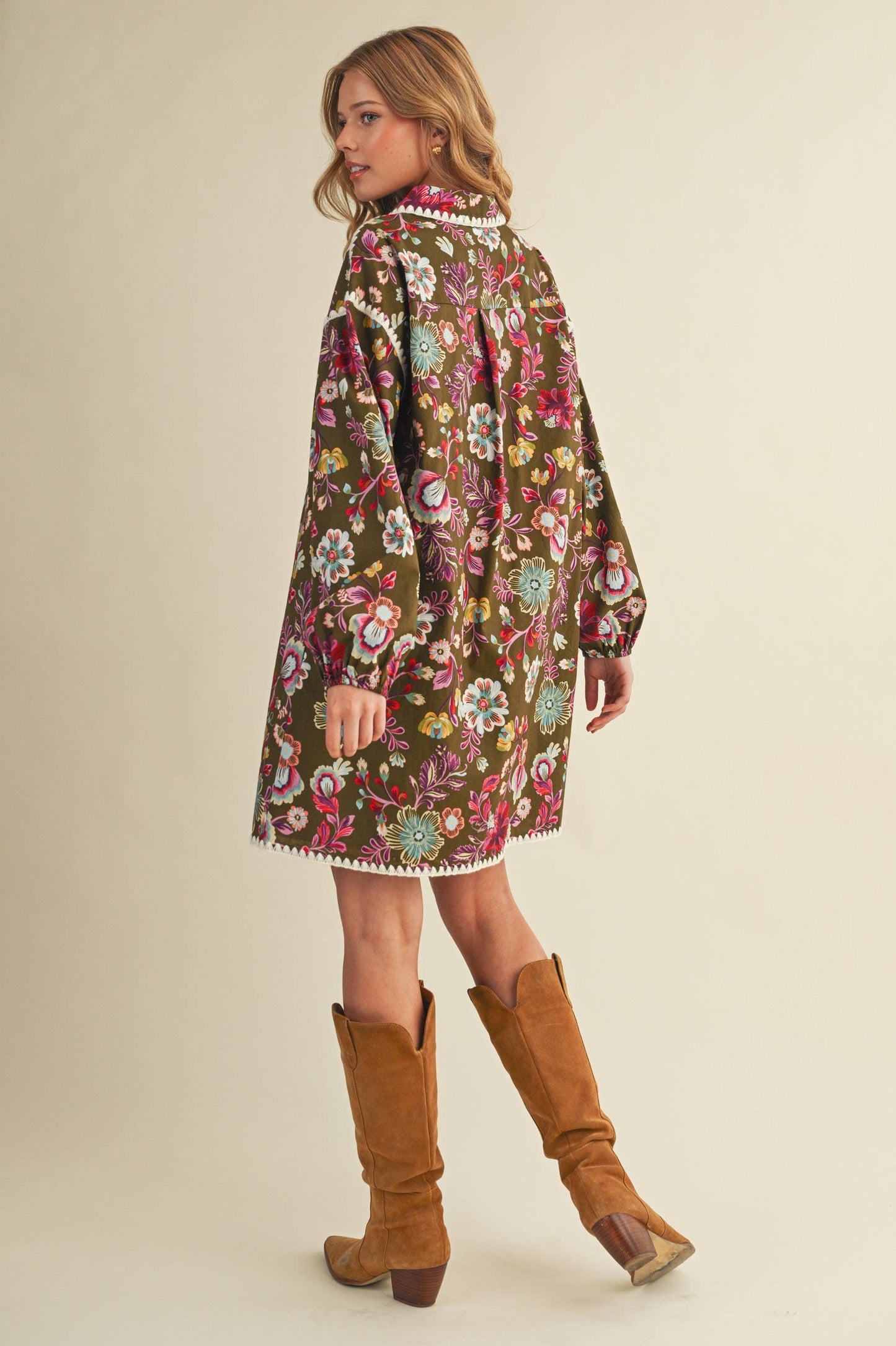 EXCLUSIVE PRINT BLANKET STITCH BUTTONED MINI DRESS MDR4298: Cream Multi / L