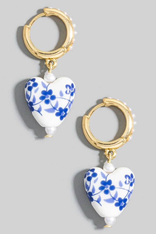 Floral Ceramic Heart Charms Pearl Studded Hoop Earrings: G