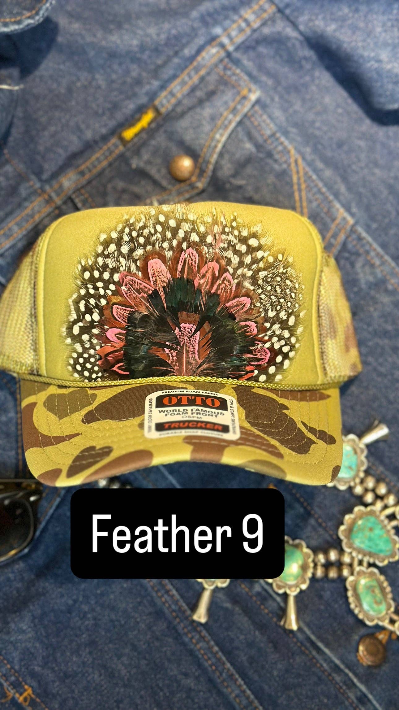 GREEN CAMO CAMOUFLAGE FEATHER TRUCKER HAT: With Faux Turquoise / Feather 8