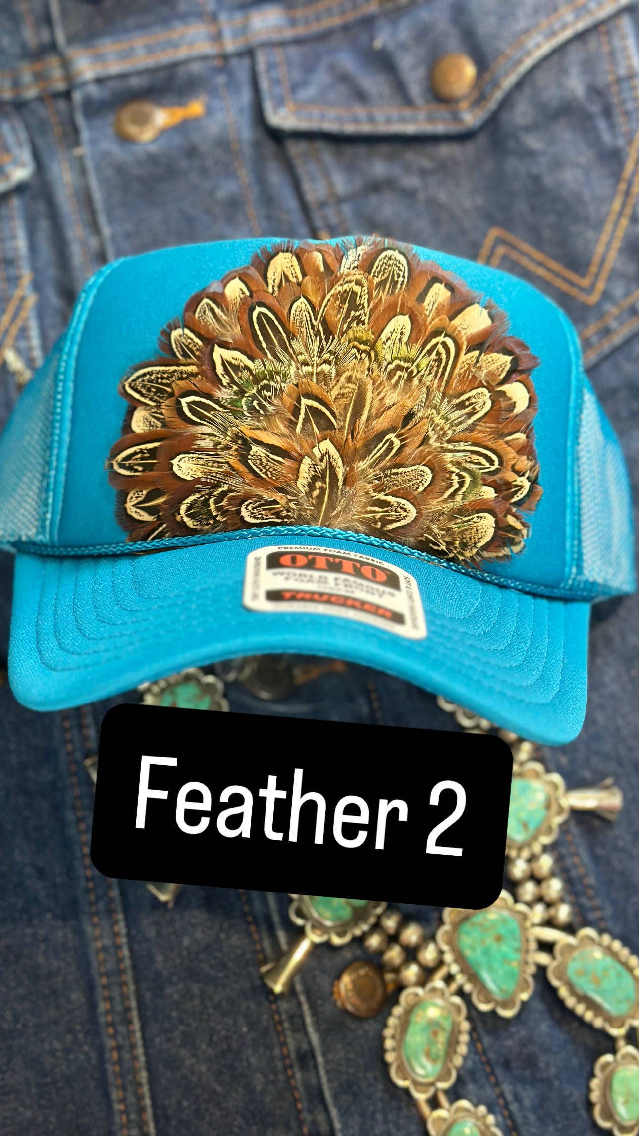 BLUE FEATHER TRUCKER HAT: No Faux Turquoise / Feather 1