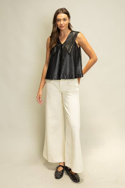 SOT1241 Faux Leather Sailor Collar Top: Black / S-M-L (2-2-2)