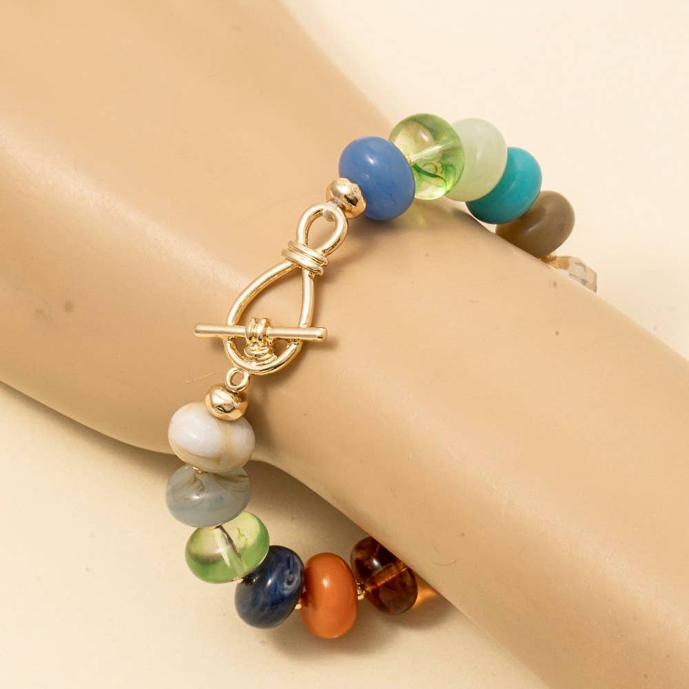 Mixed Faceted And Marble Resin Disc Beaded Toggle Bracelet: MUL