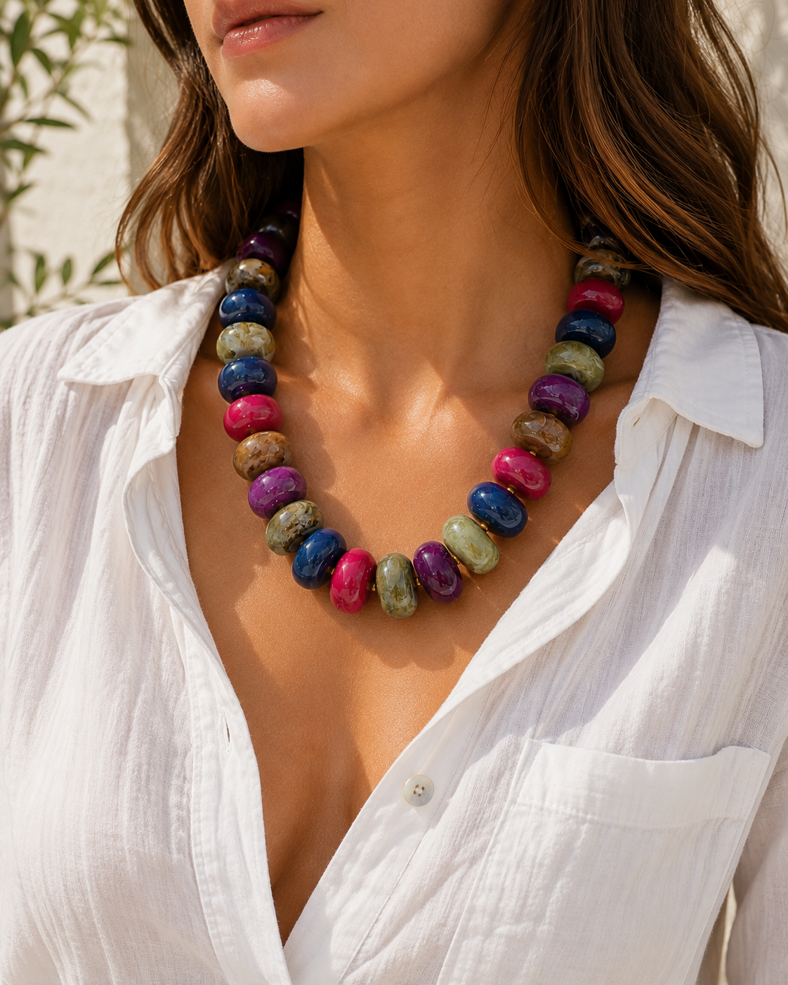 Chunky Marble Seed Bead Statement Necklace: Brown