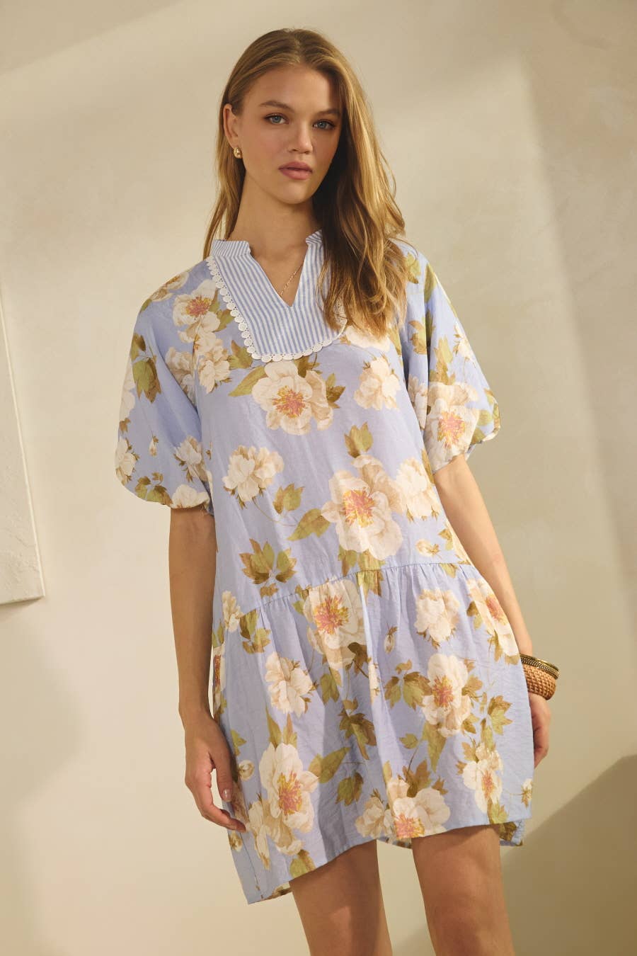 Floral Printed Mini Dress: Periwinkle Multi / S