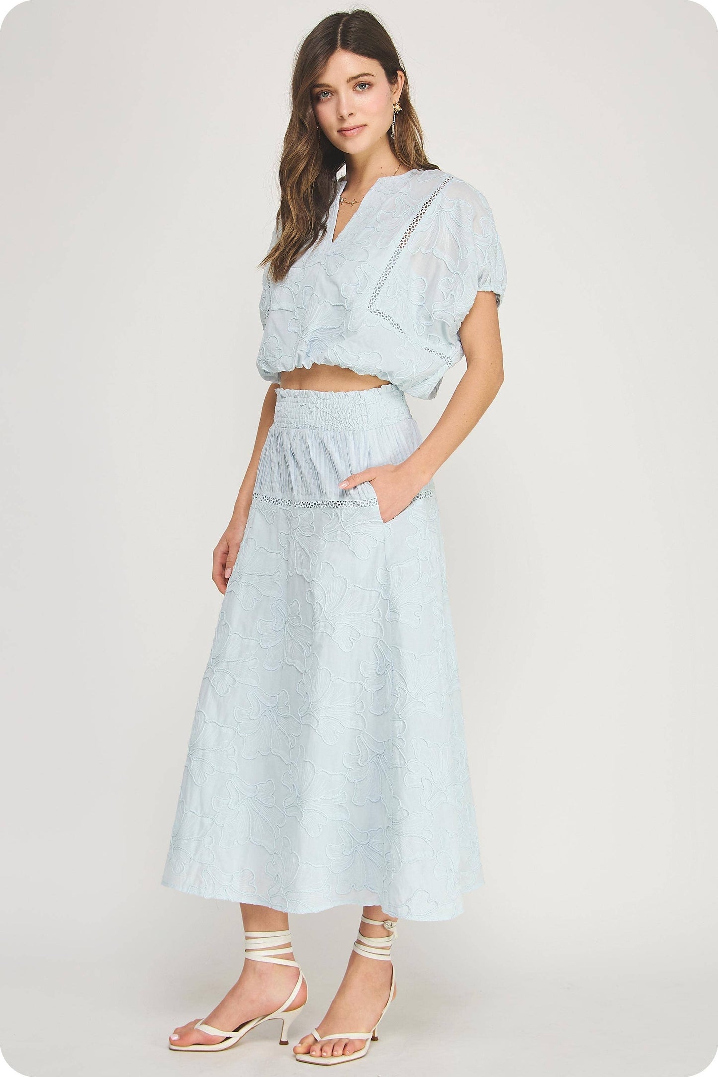 Floral Embroidery Cotton Lace Trim Skirt Top Set: Crystal Blue / M