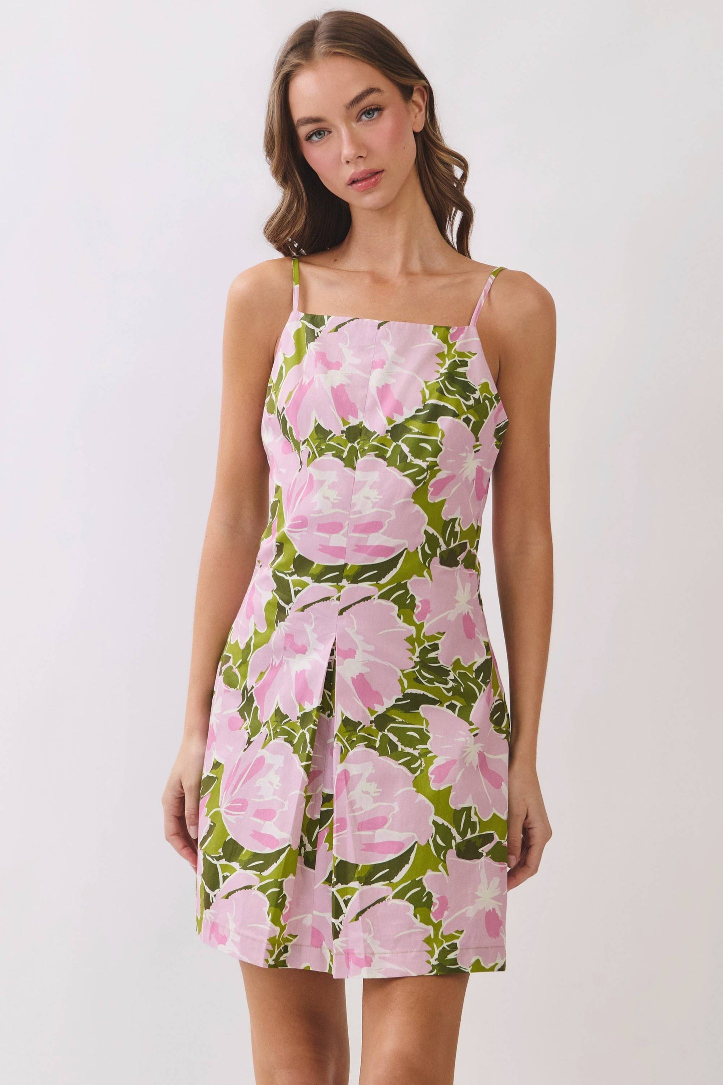 CD07246-Floral Print Square Neck Mini Dress: Green / L