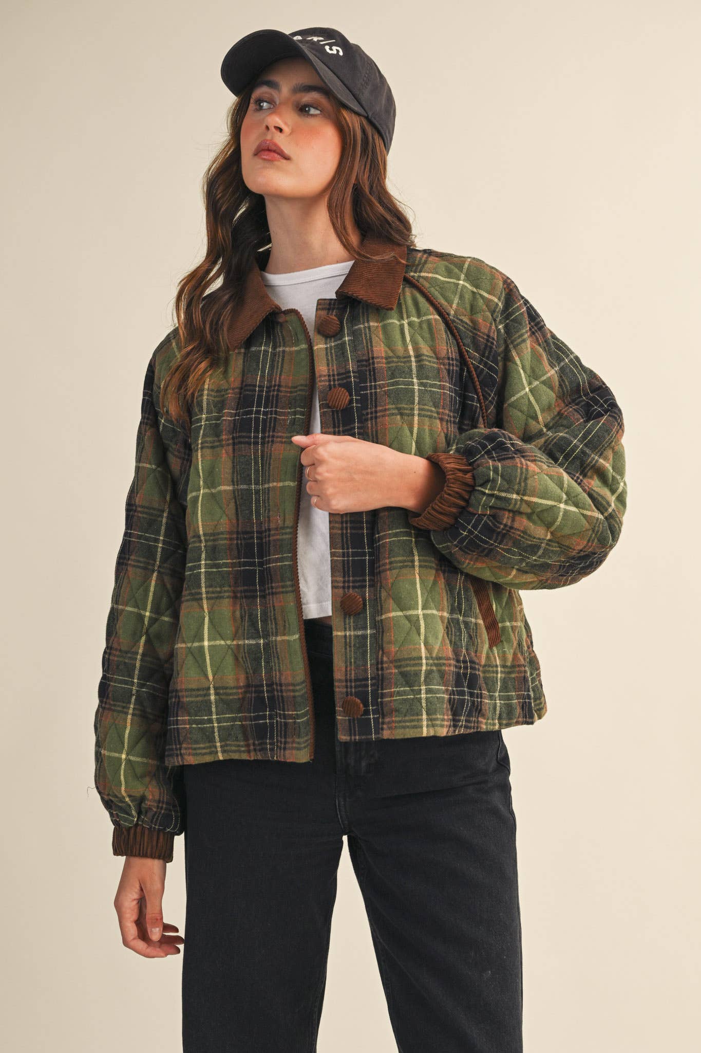 PLAID QUILTED JACKET WITH CONTRAST CORDUROY DETAIL MJK4115: Olive Multi Plaid / M