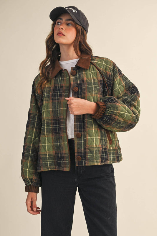 PLAID QUILTED JACKET WITH CONTRAST CORDUROY DETAIL MJK4115: Olive Multi Plaid / S