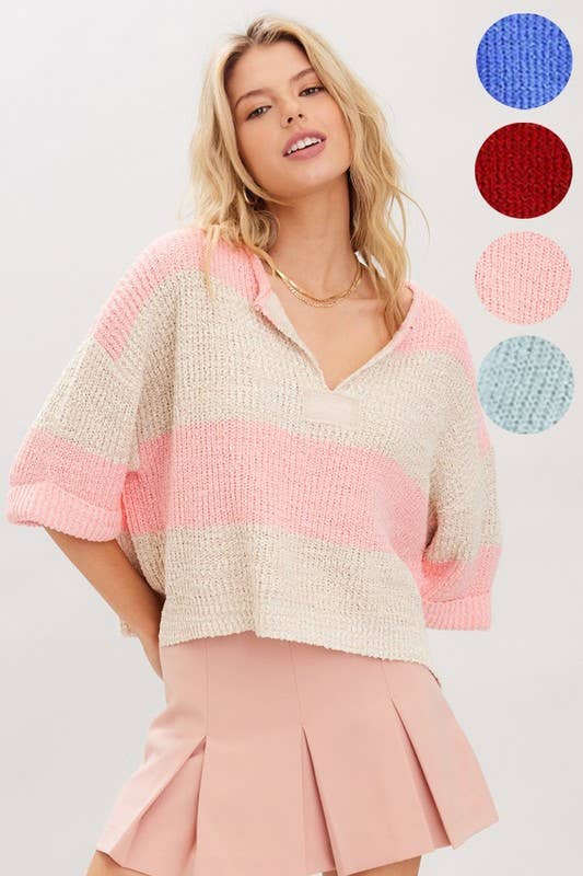 Striped Design Patch Sweater: Bubblegum Oatmeal / S