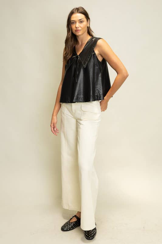 SOT1241 Faux Leather Sailor Collar Top: Black / S-M-L (2-2-2)