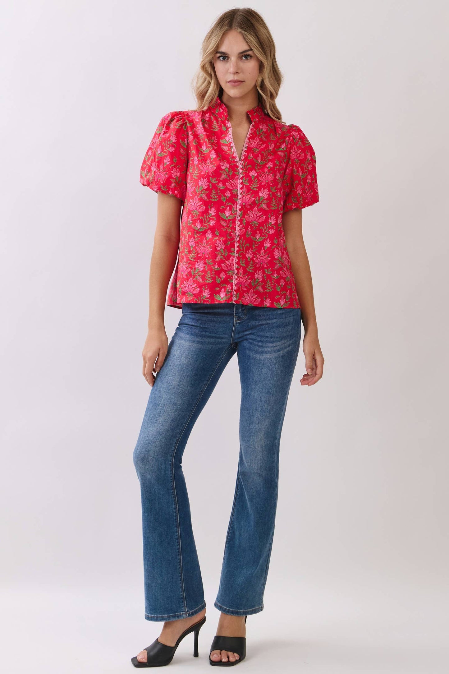 CT10048-Floral Print Puff Sleeve Blouse: RED / M