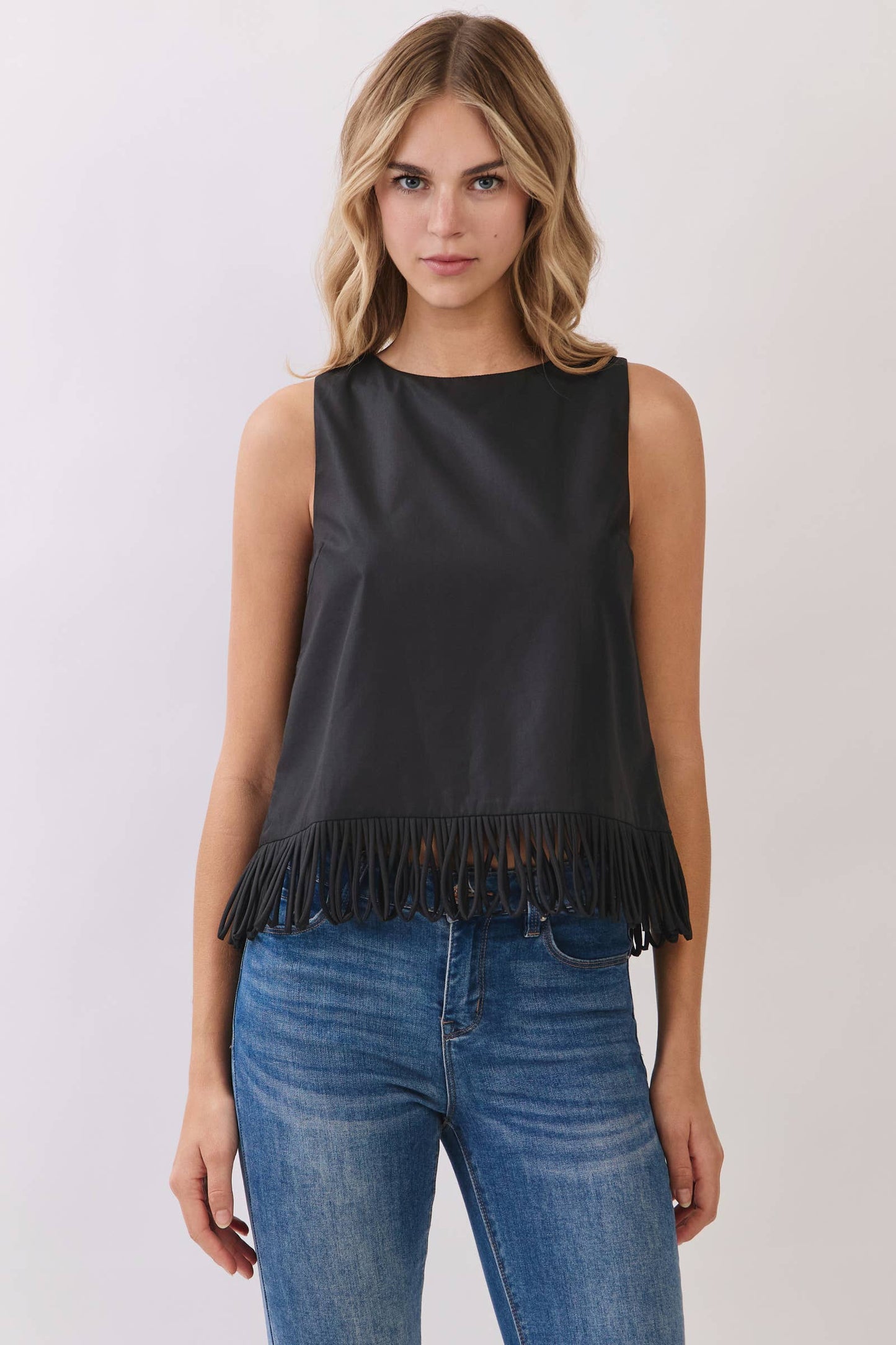 CT10040-Fringe Hem Sleeveless Top: Fuchsia / S