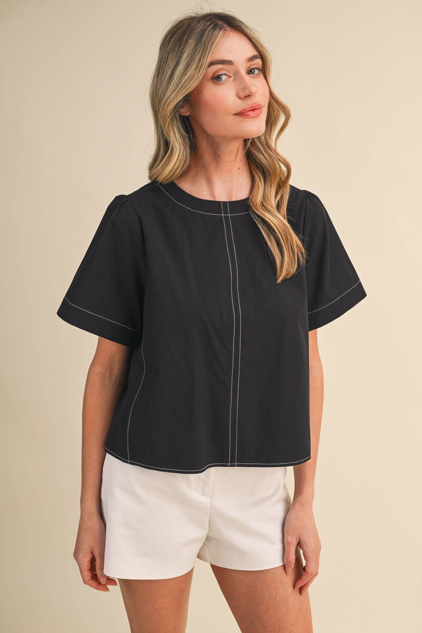 SEAM DETAIL SHORT SLEEVE BOXY TOP MTP4795: APPLE GREEN / L