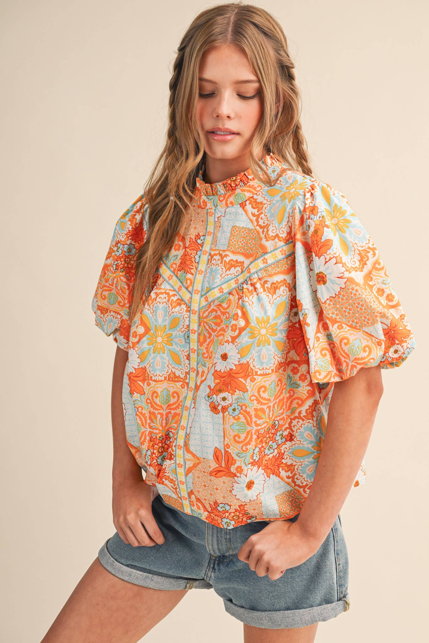 EXCLUSIVE FLORAL PRINT EMBROIDERY TRIM TOP MTP4610: ORANGE MULTI PAISLEY / L