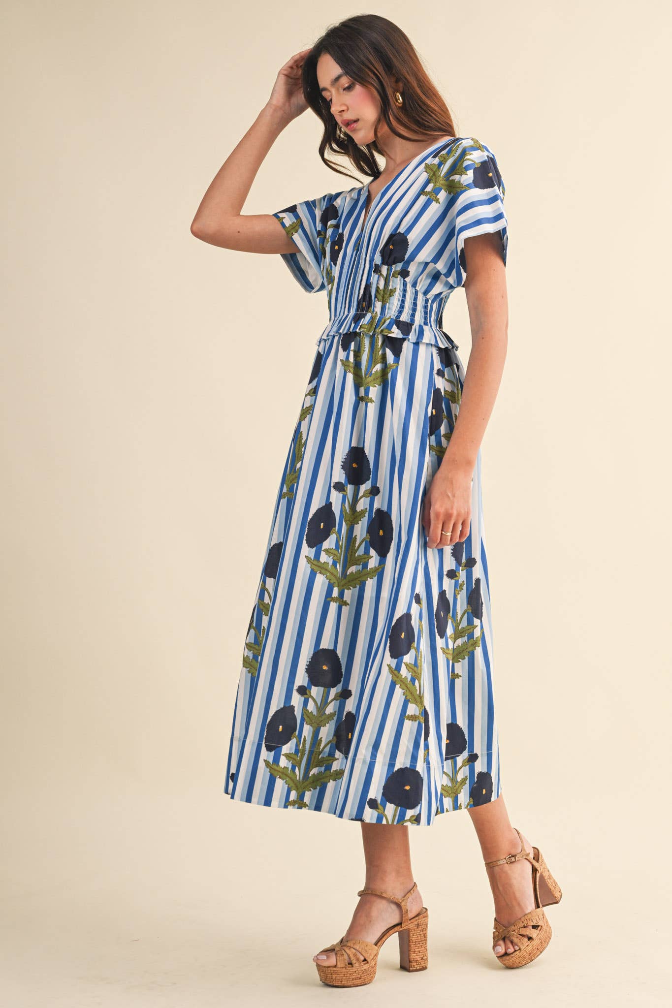 STRIPED FLORAL PIN TUCK WAIST MIDI DRESS MDR4787: BLUE FLORAL STRIPE / S