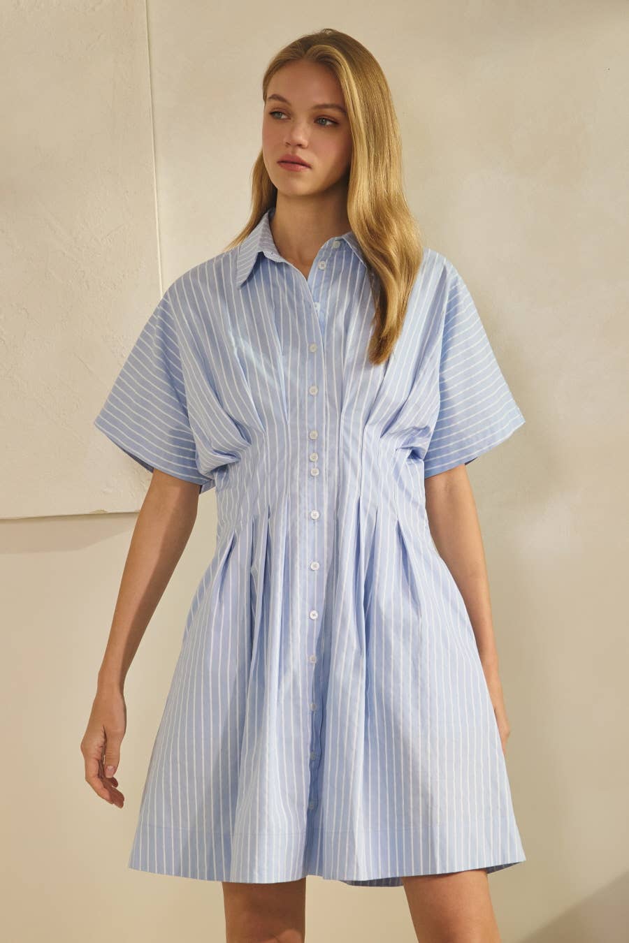 Striped Short-sleeve Shirt Dress: Apple Green / S