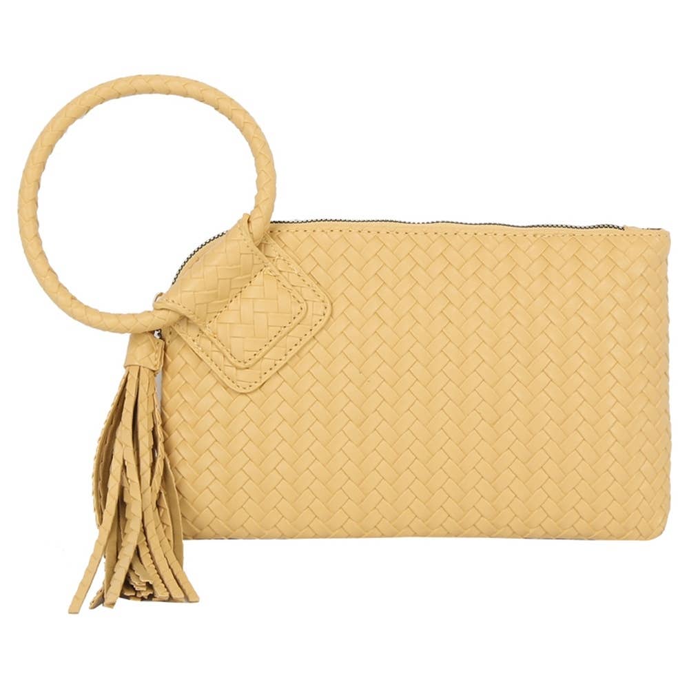 Faux Leather Woven Fringe Cuff Handle Clutch Bag: BK