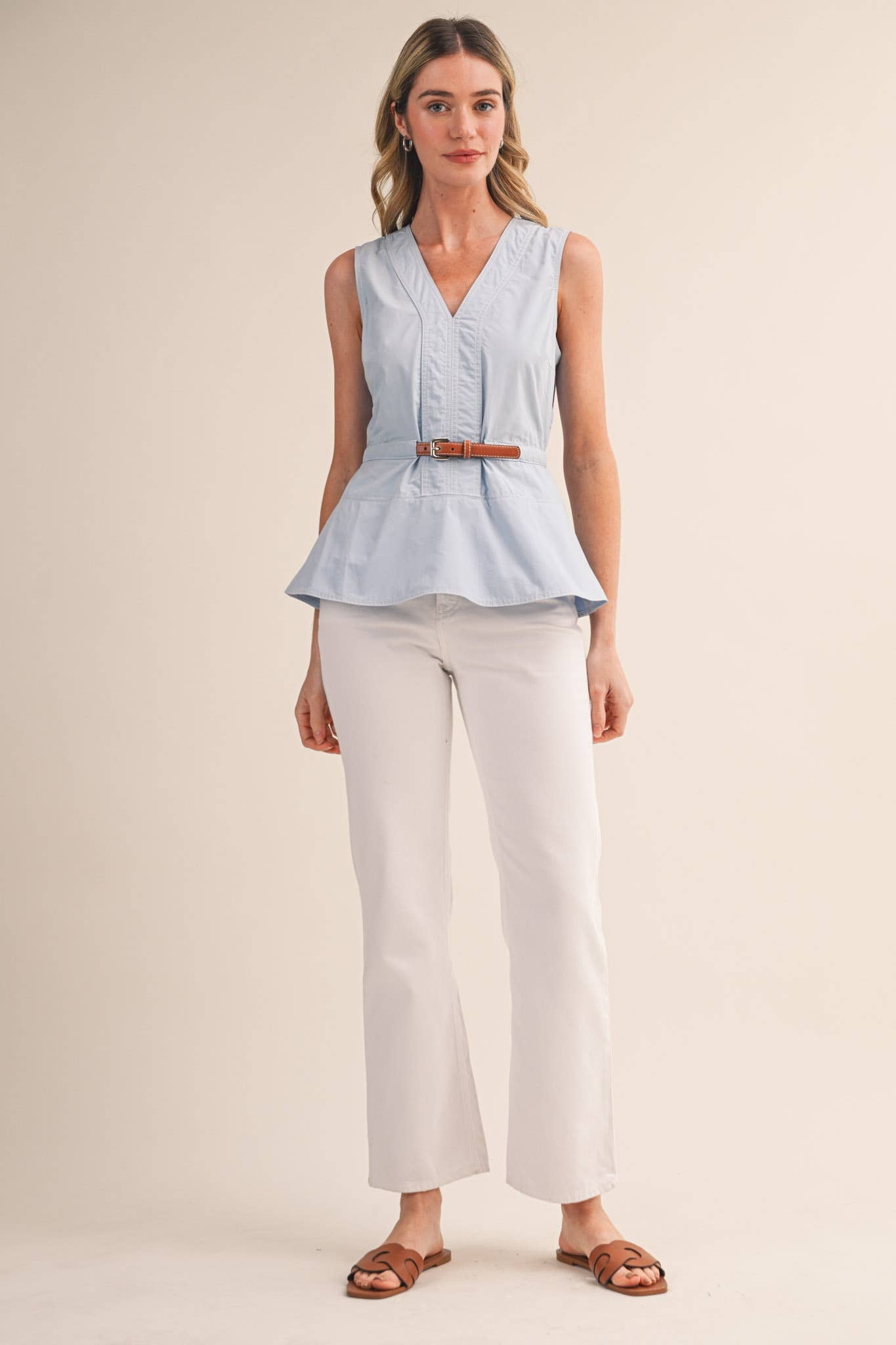 SLEEVELESS BELTED PEPLUM TOP MTP4684: OFF WHITE / M