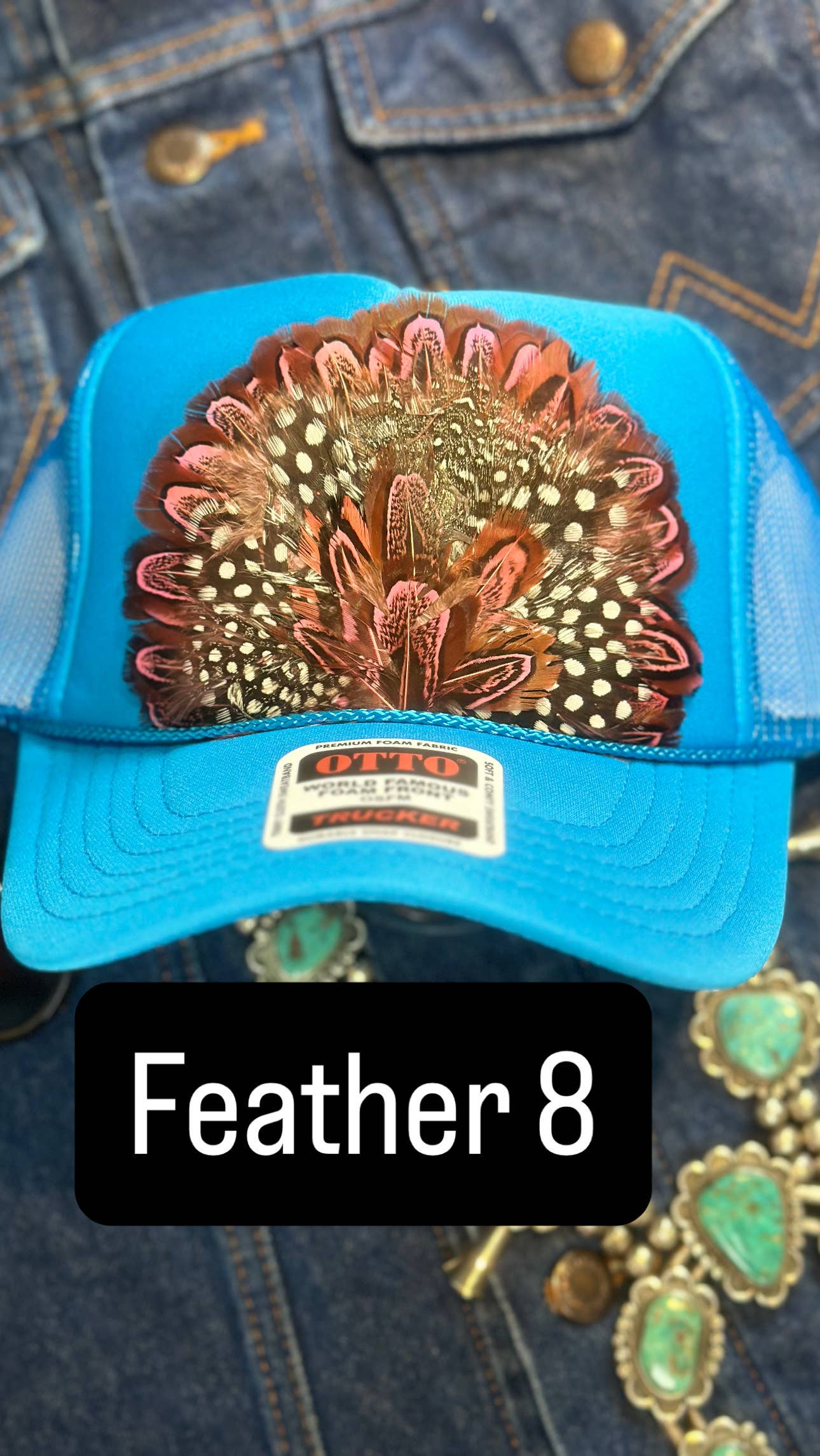 BLUE FEATHER TRUCKER HAT: No Faux Turquoise / Feather 1
