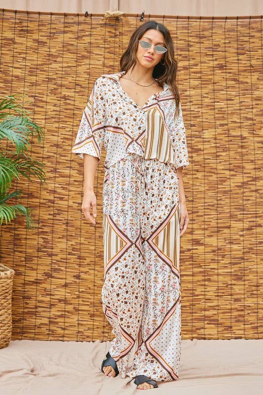 Printed Satin Top And Pants Set: Ivory Multi / M
